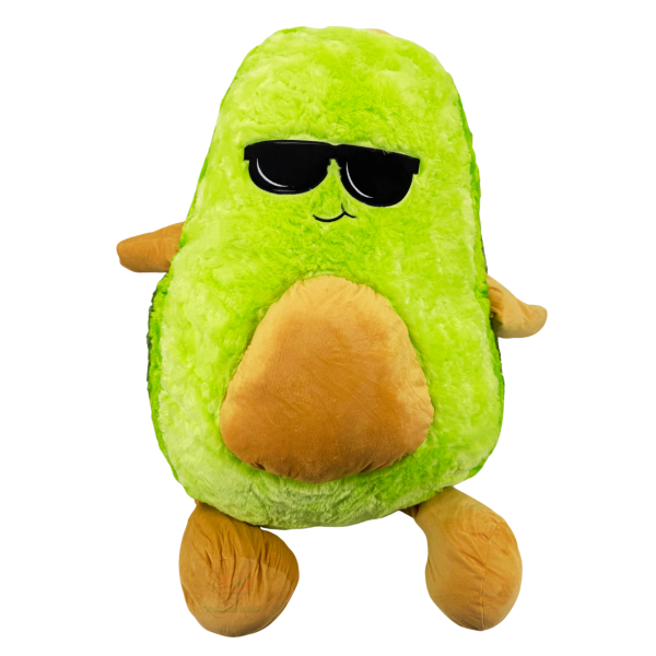 XXL grüne Plüsch-Avocado mit schwarzer Sonnenbrille und braunem Kern-Bauch, ca. 80 cm